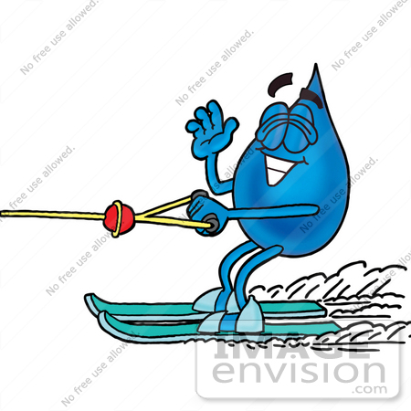 #26210 Clip Art Graphic of a Blue Waterdrop or Tear Character Waving While Water Skiing by toons4biz