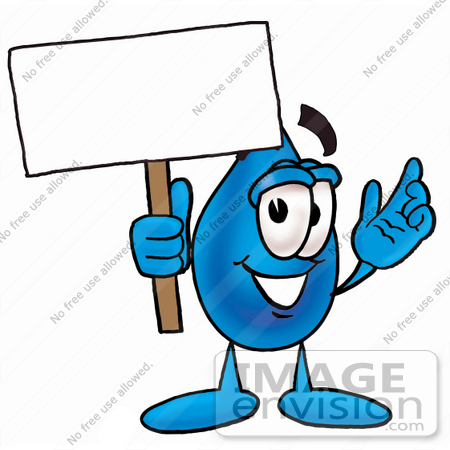 #26213 Clip Art Graphic of a Blue Waterdrop or Tear Character Holding a Blank Sign by toons4biz