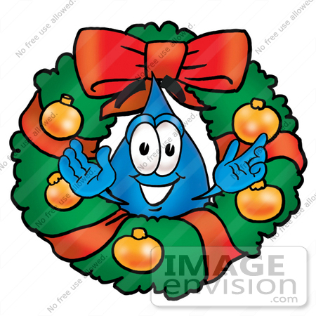 #26215 Clip Art Graphic of a Blue Waterdrop or Tear Character in the Center of a Christmas Wreath by toons4biz