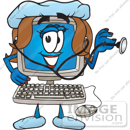 #26222 Clip Art Graphic of a Female Desktop Computer Cartoon Character Nurse Holding a Stethoscope by toons4biz