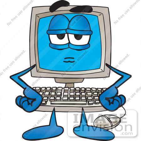 #26223 Clip Art Graphic of a Grumpy Desktop Computer Cartoon Character With His Hands on His Hips by toons4biz