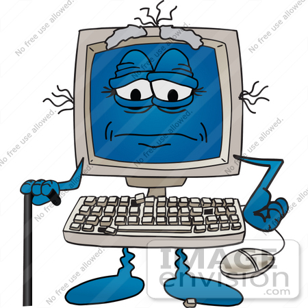 #26228 Clip Art Graphic of an Old Desktop Computer Cartoon Character With Keys Falling Off of the Keyboard, Using a Cane by toons4biz