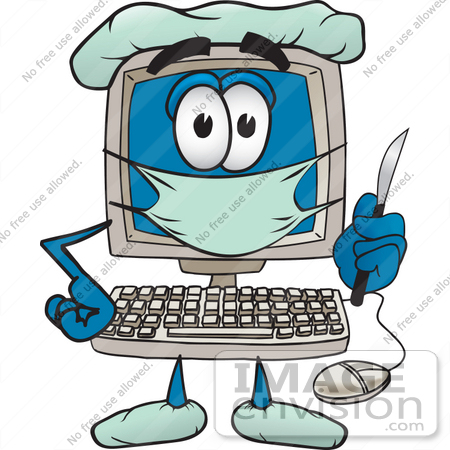 #26234 Clip Art Graphic of a Desktop Computer Surgeon Cartoon Character in Scrubs, Holding a Scalpel by toons4biz
