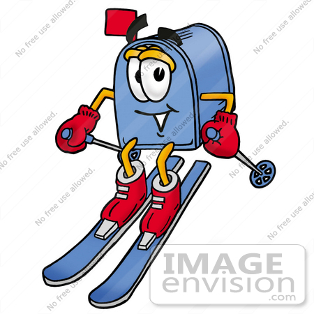 #26243 Clip Art Graphic of a Blue Snail Mailbox Cartoon Character Skiing Downhill by toons4biz