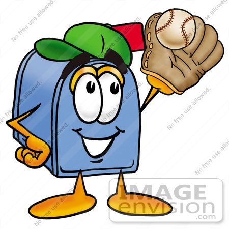 #26245 Clip Art Graphic of a Blue Snail Mailbox Cartoon Character Catching a Baseball With a Glove by toons4biz