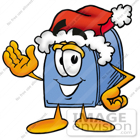 #26251 Clip Art Graphic of a Blue Snail Mailbox Cartoon Character Wearing a Santa Hat and Waving by toons4biz