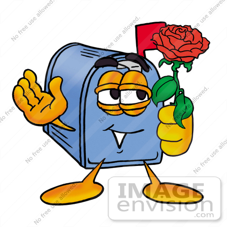 #26253 Clip Art Graphic of a Blue Snail Mailbox Cartoon Character Holding a Red Rose on Valentines Day by toons4biz