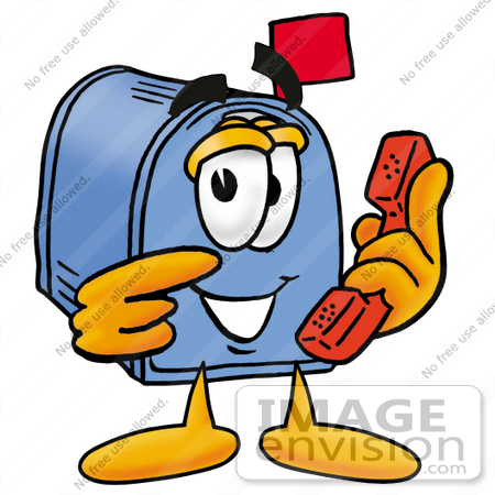 #26258 Clip Art Graphic of a Blue Snail Mailbox Cartoon Character Holding a Telephone by toons4biz
