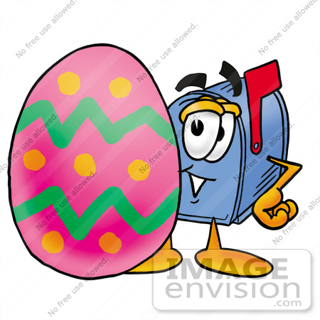 #26259 Clip Art Graphic of a Blue Snail Mailbox Cartoon Character Standing Beside an Easter Egg by toons4biz