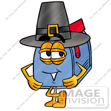 #26260 Clip Art Graphic of a Blue Snail Mailbox Cartoon Character Wearing a Pilgrim Hat on Thanksgiving by toons4biz