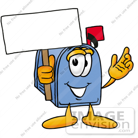#26267 Clip Art Graphic of a Blue Snail Mailbox Cartoon Character Holding a Blank Sign by toons4biz