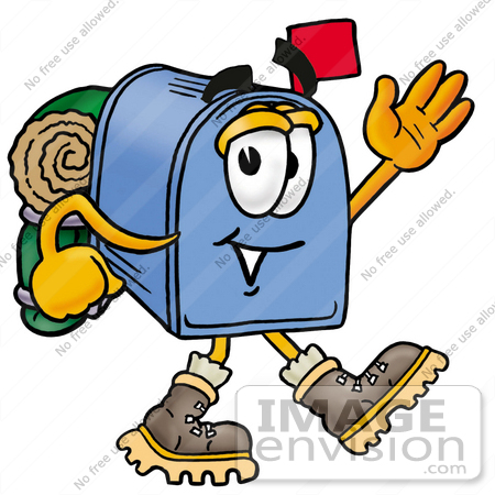 #26271 Clip Art Graphic of a Blue Snail Mailbox Cartoon Character Hiking and Carrying a Backpack by toons4biz