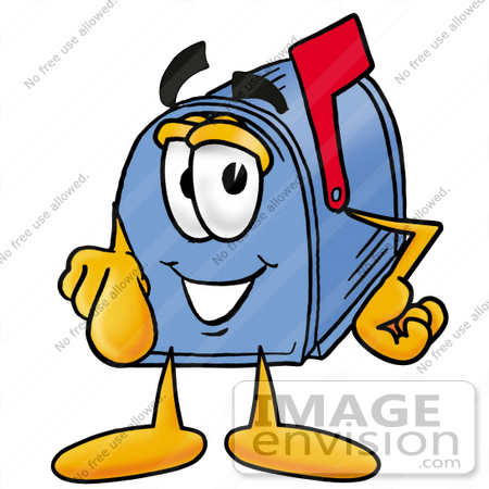 #26275 Clip Art Graphic of a Blue Snail Mailbox Cartoon Character Pointing at the Viewer by toons4biz