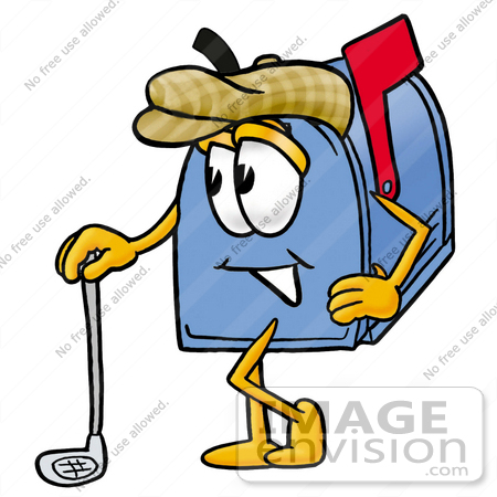 #26276 Clip Art Graphic of a Blue Snail Mailbox Cartoon Character Leaning on a Golf Club While Golfing by toons4biz
