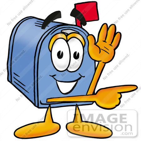 #26279 Clip Art Graphic of a Blue Snail Mailbox Cartoon Character Waving and Pointing by toons4biz