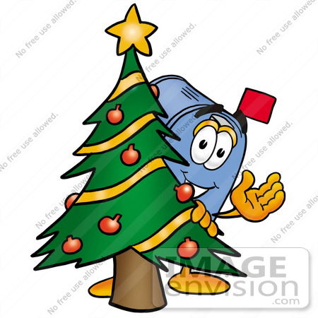 #26280 Clip Art Graphic of a Blue Snail Mailbox Cartoon Character Waving and Standing by a Decorated Christmas Tree by toons4biz