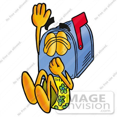 #26285 Clip Art Graphic of a Blue Snail Mailbox Cartoon Character Plugging His Nose While Jumping Into Water by toons4biz