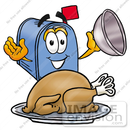 #26292 Clip Art Graphic of a Blue Snail Mailbox Cartoon Character Serving a Thanksgiving Turkey on a Platter by toons4biz