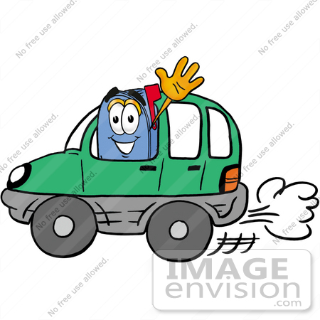 #26293 Clip Art Graphic of a Blue Snail Mailbox Cartoon Character Driving a Green Car and Waving by toons4biz