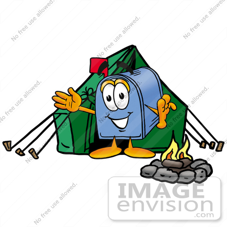 #26296 Clip Art Graphic of a Blue Snail Mailbox Cartoon Character Camping With a Tent and Fire by toons4biz