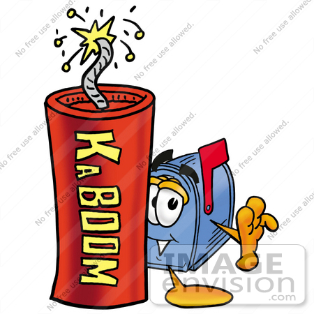#26297 Clip Art Graphic of a Blue Snail Mailbox Cartoon Character Standing With a Lit Stick of Dynamite by toons4biz