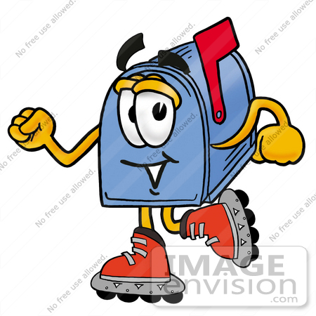#26299 Clip Art Graphic of a Blue Snail Mailbox Cartoon Character Roller Blading on Inline Skates by toons4biz