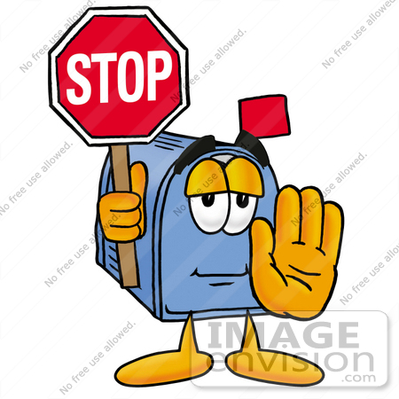 #26301 Clip Art Graphic of a Blue Snail Mailbox Cartoon Character Holding a Stop Sign by toons4biz