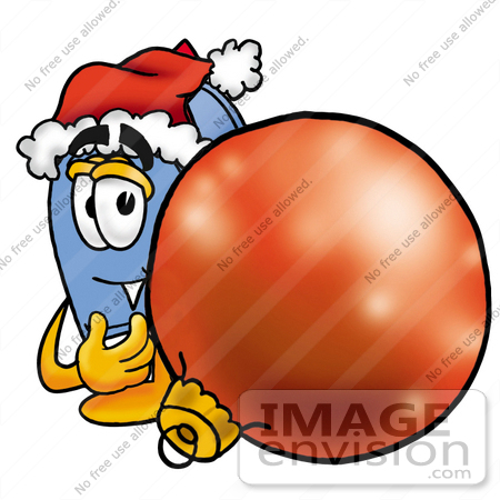 #26302 Clip Art Graphic of a Blue Snail Mailbox Cartoon Character Wearing a Santa Hat, Standing With a Christmas Bauble by toons4biz