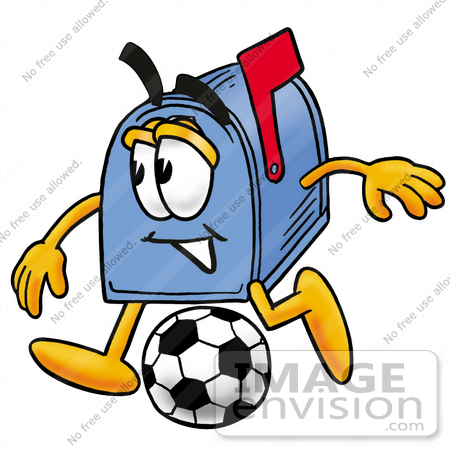 #26303 Clip Art Graphic of a Blue Snail Mailbox Cartoon Character Kicking a Soccer Ball by toons4biz