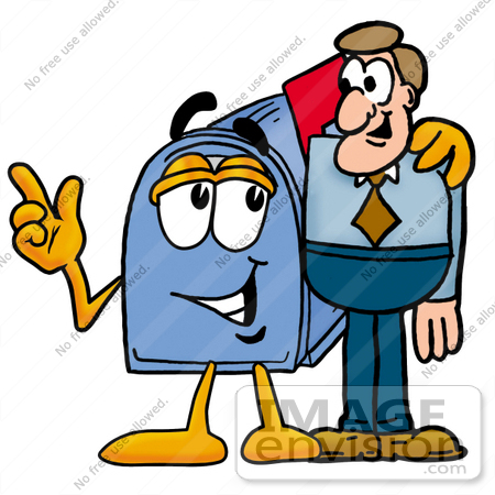 #26305 Clip Art Graphic of a Blue Snail Mailbox Cartoon Character Talking to a Business Man by toons4biz