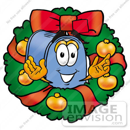 #26314 Clip Art Graphic of a Blue Snail Mailbox Cartoon Character in the Center of a Christmas Wreath by toons4biz