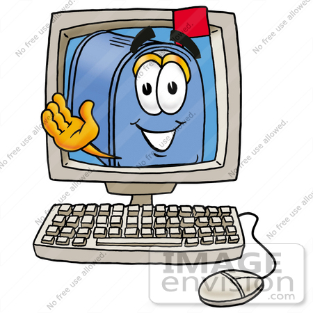 #26316 Clip Art Graphic of a Blue Snail Mailbox Cartoon Character Waving From Inside a Computer Screen by toons4biz