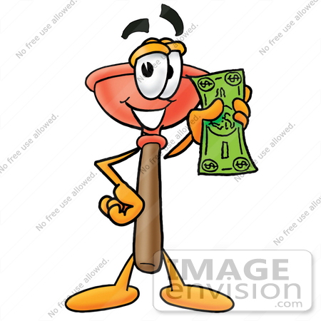 #26318 Clip Art Graphic of a Plumbing Toilet or Sink Plunger Cartoon Character Holding a Dollar Bill by toons4biz
