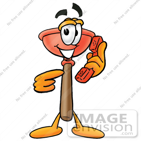 #26319 Clip Art Graphic of a Plumbing Toilet or Sink Plunger Cartoon Character Holding a Telephone by toons4biz