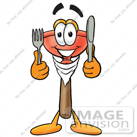 #26331 Clip Art Graphic of a Plumbing Toilet or Sink Plunger Cartoon Character Holding a Knife and Fork by toons4biz
