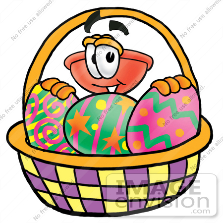 #26347 Clip Art Graphic of a Plumbing Toilet or Sink Plunger Cartoon Character in an Easter Basket Full of Decorated Easter Eggs by toons4biz