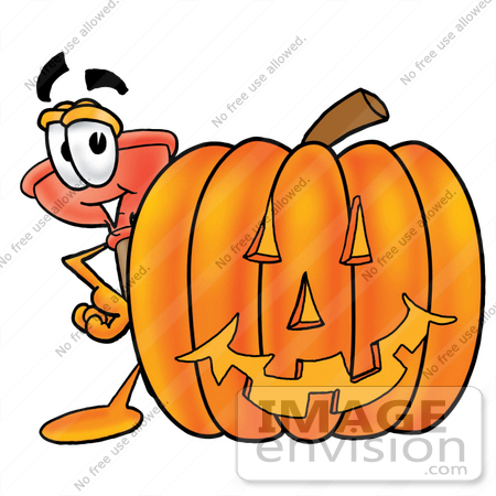 #26348 Clip Art Graphic of a Plumbing Toilet or Sink Plunger Cartoon Character With a Carved Halloween Pumpkin by toons4biz