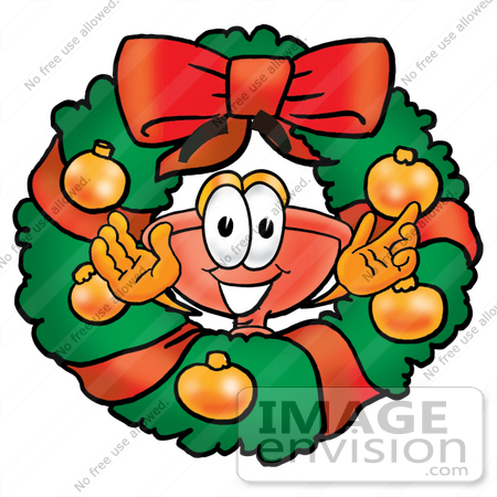 #26349 Clip Art Graphic of a Plumbing Toilet or Sink Plunger Cartoon Character in the Center of a Christmas Wreath by toons4biz
