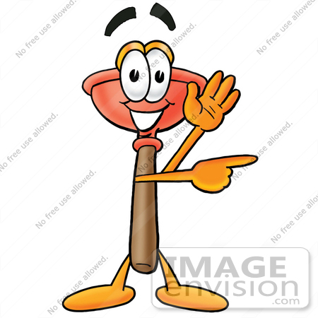 #26359 Clip Art Graphic of a Plumbing Toilet or Sink Plunger Cartoon Character Waving and Pointing by toons4biz