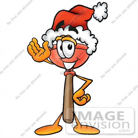 #26361 Clip Art Graphic of a Plumbing Toilet or Sink Plunger Cartoon Character Wearing a Santa Hat and Waving by toons4biz