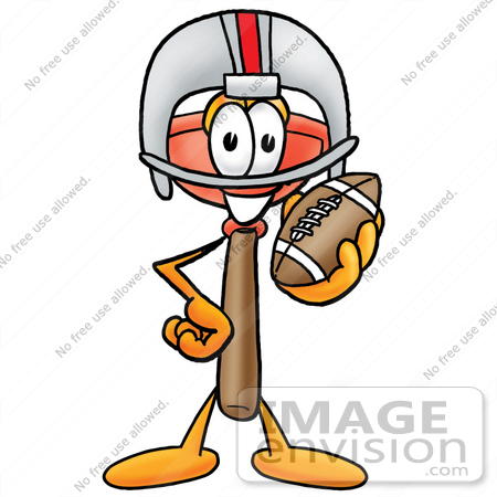 #26368 Clip Art Graphic of a Plumbing Toilet or Sink Plunger Cartoon Character in a Helmet, Holding a Football by toons4biz