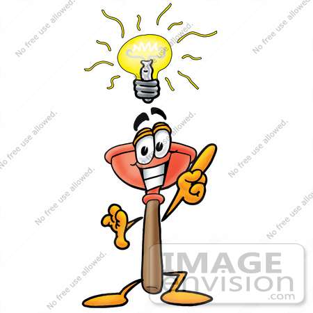 #26369 Clip Art Graphic of a Plumbing Toilet or Sink Plunger Cartoon Character With a Bright Idea by toons4biz