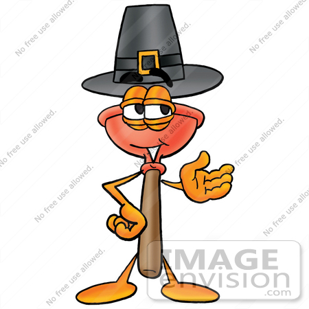 #26379 Clip Art Graphic of a Plumbing Toilet or Sink Plunger Cartoon Character Wearing a Pilgrim Hat on Thanksgiving by toons4biz