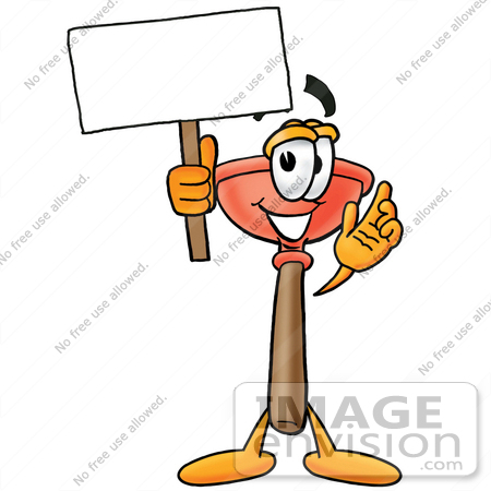 #26380 Clip Art Graphic of a Plumbing Toilet or Sink Plunger Cartoon Character Holding a Blank Sign by toons4biz