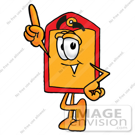 #26392 Clip Art Graphic of a Red and Yellow Sales Price Tag Cartoon Character Pointing Upwards by toons4biz