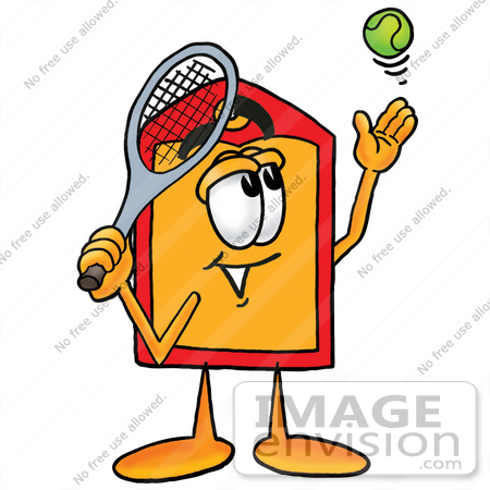 #26395 Clip Art Graphic of a Red and Yellow Sales Price Tag Cartoon Character Preparing to Hit a Tennis Ball by toons4biz