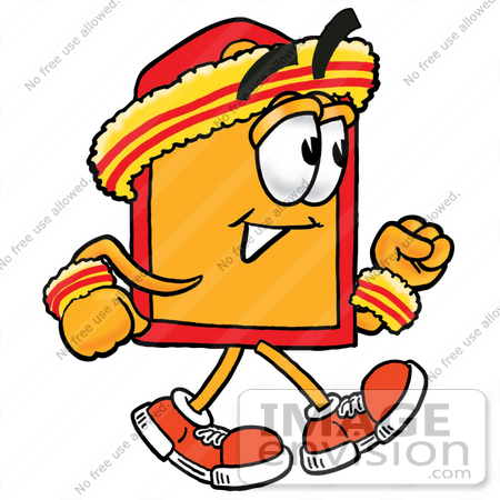 #26402 Clip Art Graphic of a Red and Yellow Sales Price Tag Cartoon Character Speed Walking or Jogging by toons4biz