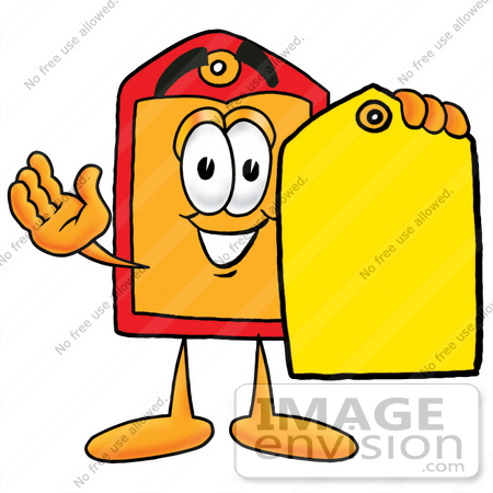 #26423 Clip Art Graphic of a Red and Yellow Sales Price Tag Cartoon Character Holding a Yellow Sales Price Tag by toons4biz