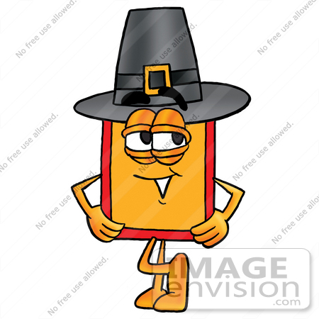 #26424 Clip Art Graphic of a Red and Yellow Sales Price Tag Cartoon Character Wearing a Pilgrim Hat on Thanksgiving by toons4biz