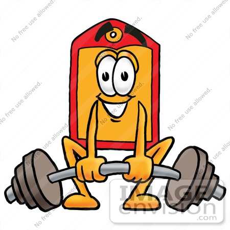 #26431 Clip Art Graphic of a Red and Yellow Sales Price Tag Cartoon Character Lifting a Heavy Barbell by toons4biz